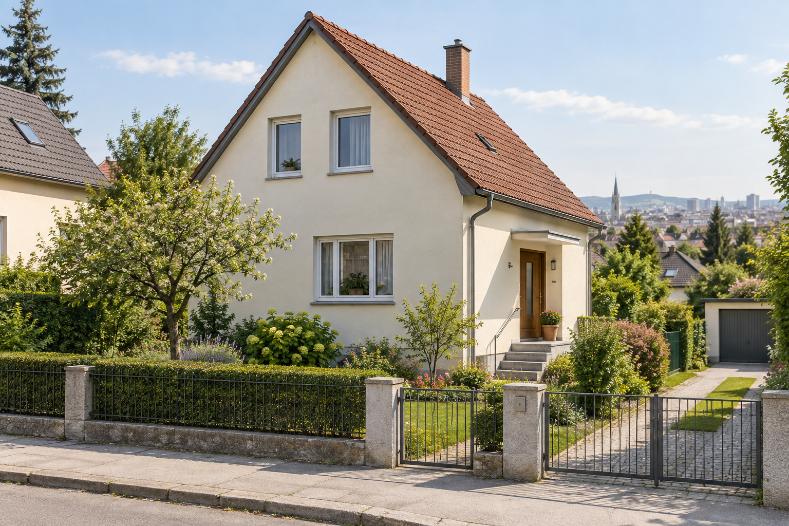 Vollständig sichtbares Wohnhaus mit Garten am Rand einer Stadt