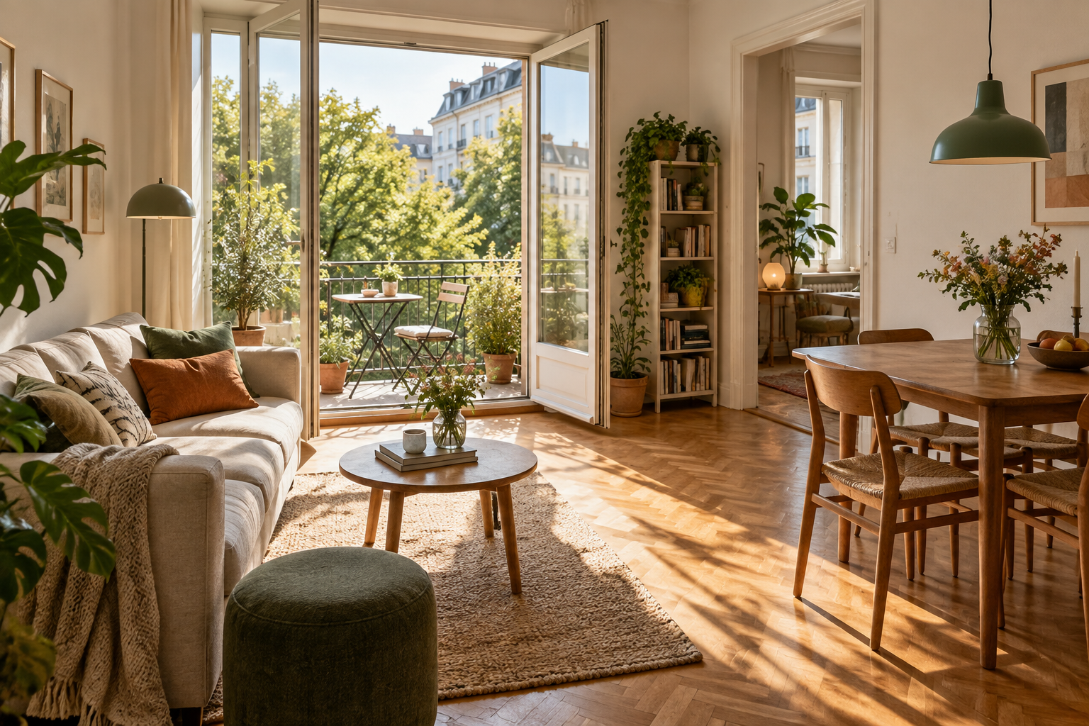 Heller Wohn- und Essbereich einer Stadtwohnung mit Balkon und Blick ins Grüne